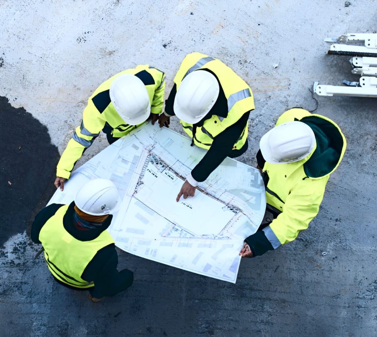 Four construction workers in yellow vests and helmets review a large blueprint on a construction site.