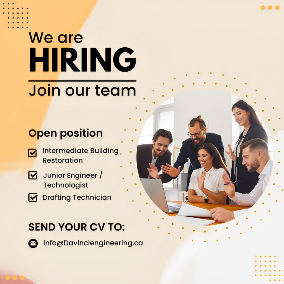Hiring advertisement for engineering roles with contact details. Features a group of diverse professionals smiling and working together.