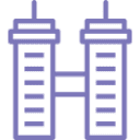 Icon of two tall buildings connected by a bridge.