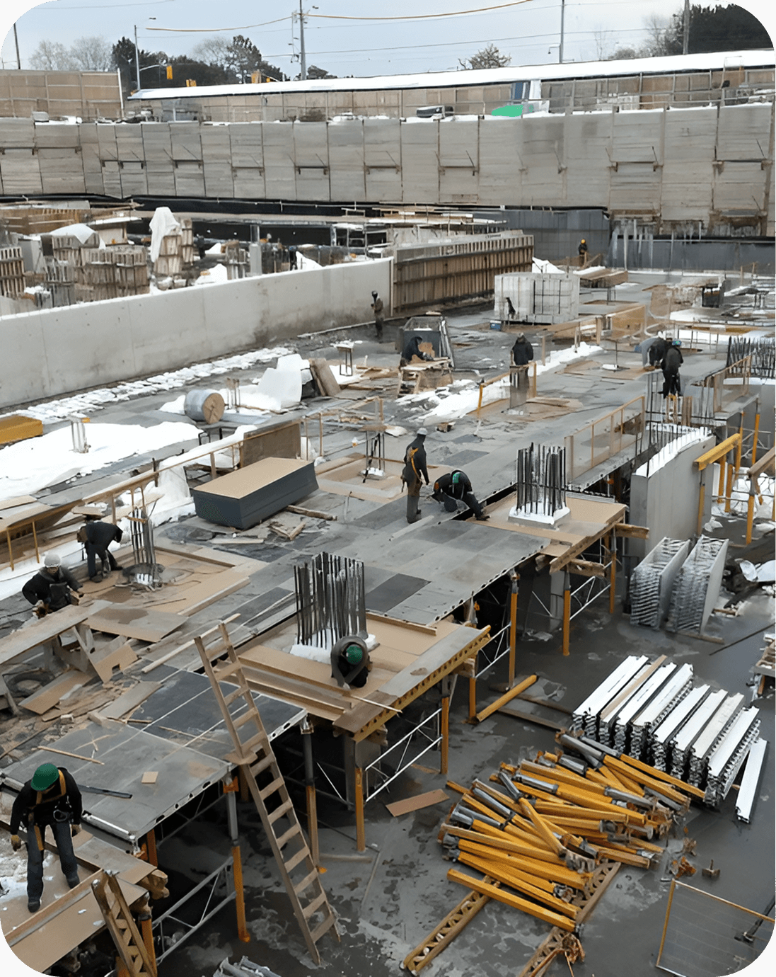 Construction site with workers assembling concrete forms, scaffolding, and metal rods. Snow and construction materials are visible on the ground.