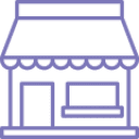 Simple line drawing of a small store with an awning and a front window.