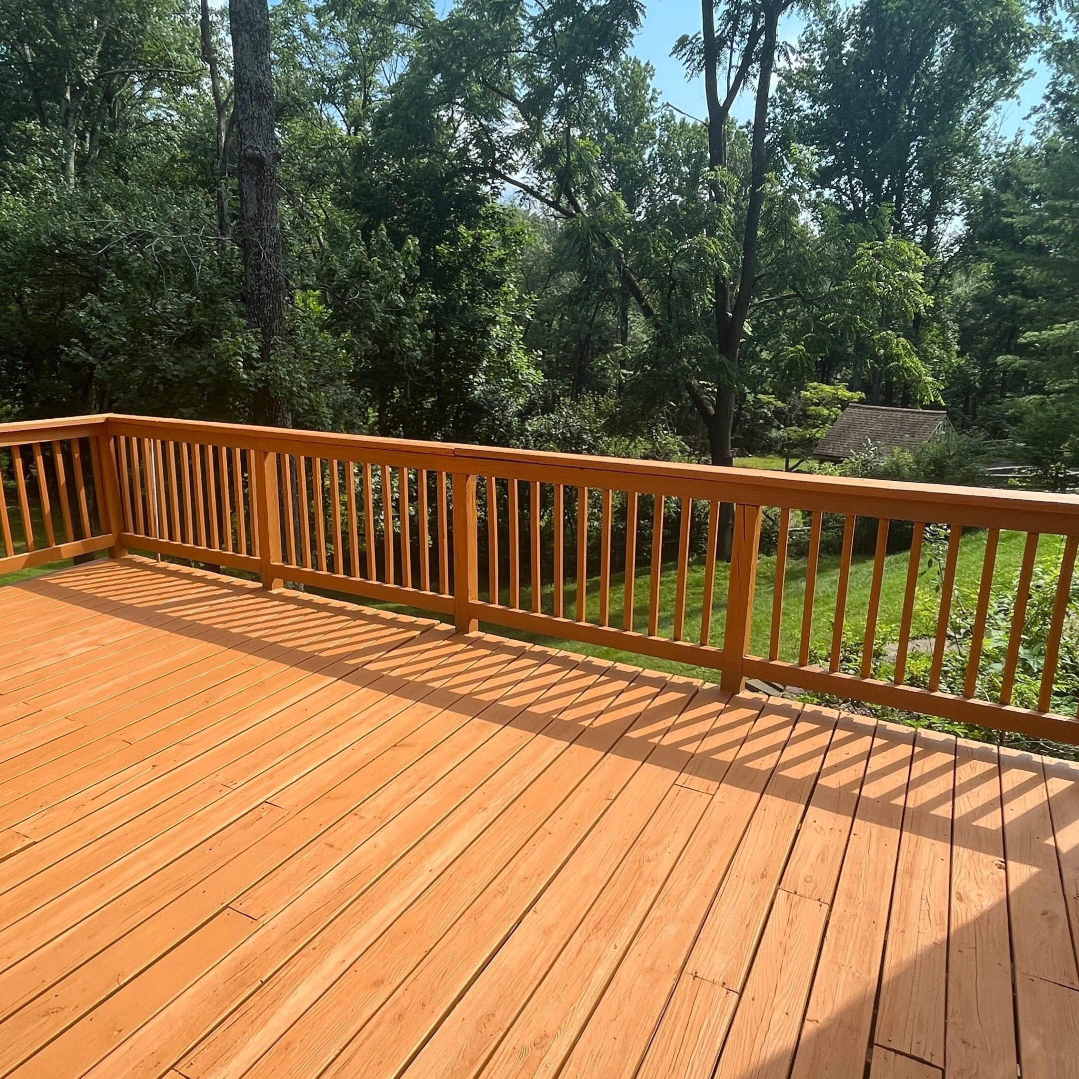 A wooden deck with a set of sliding glass doors providing an unobstructed view of a lush green tree in the near distance